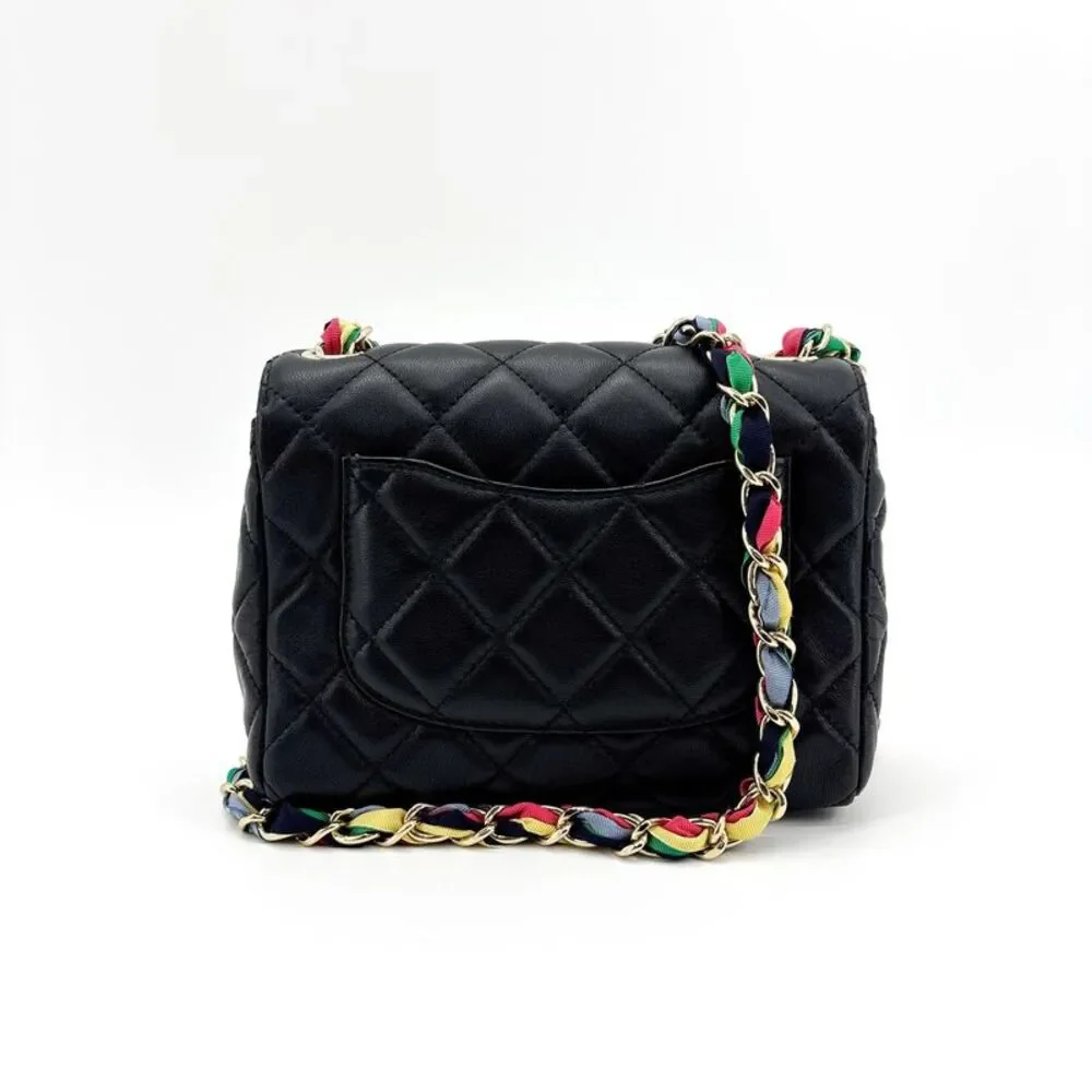 Chanel Mini Flap Bag Black Lambskin Gold Hardware Multicolor Ribbon Chain